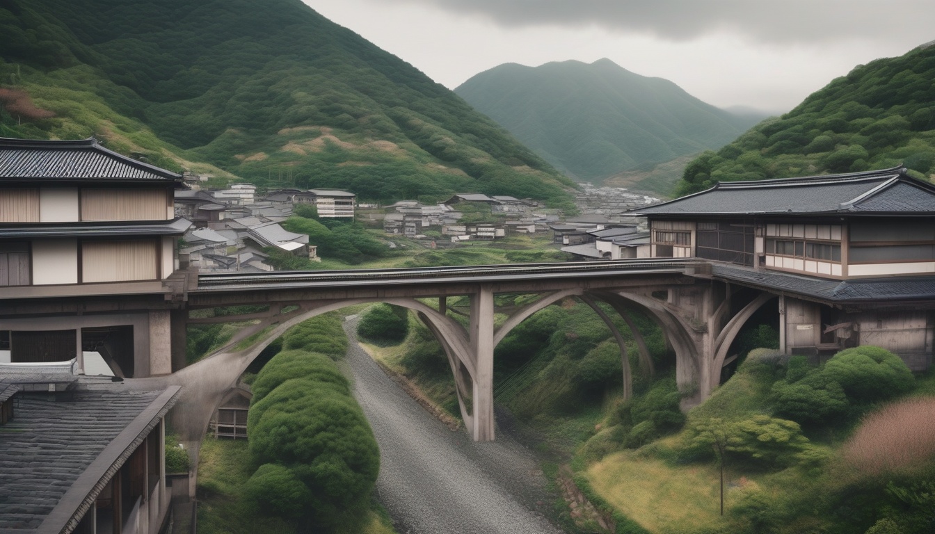 山あいに架かる智頭急行智頭線の高架橋と、その下に広がる集落の風景