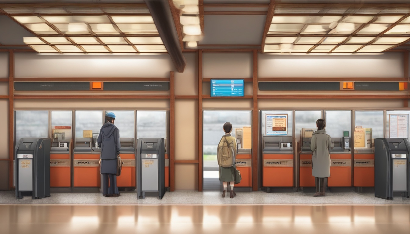 駅のみどりの窓口と指定席券売機の前で特急券の購入手続きをする利用者